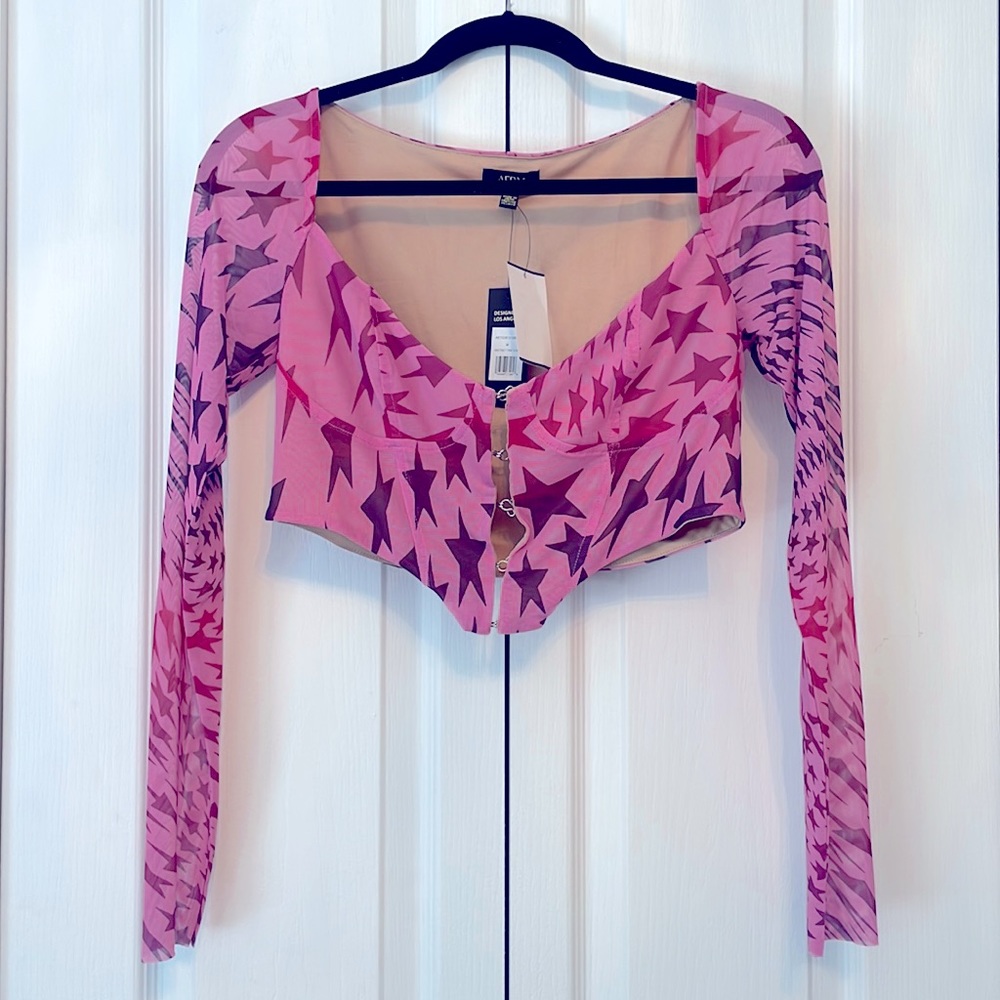 AFRM Pink Star-Print Long Sleeve Crop Top